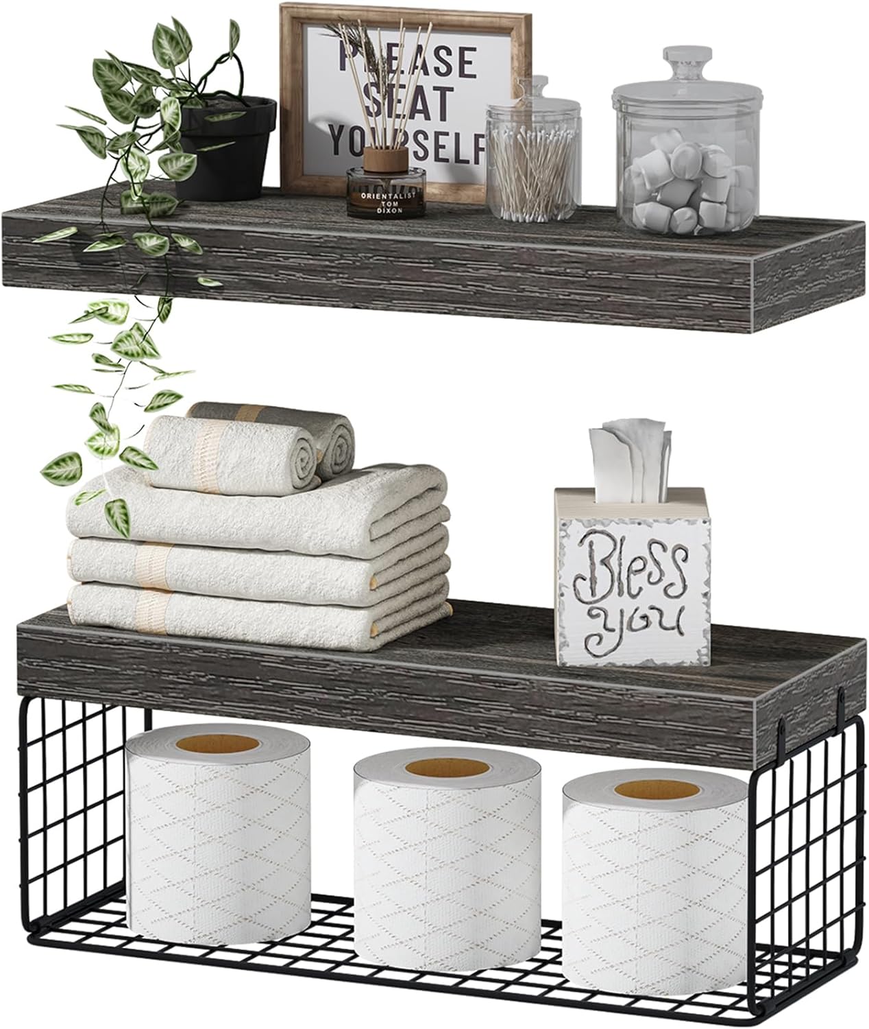 QEEIG Bathroom Shelves Over Toilet - Wall Mounted Floating Shelves Toilet Paper Storage Small Farmhouse Decor Shelf 16 inch Set of 2, Grey (019-GY2)